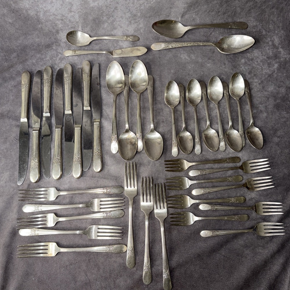WM Rogers BELOVED 40ct Silver Plated Flatware Set with Forks, Spoons, Knives